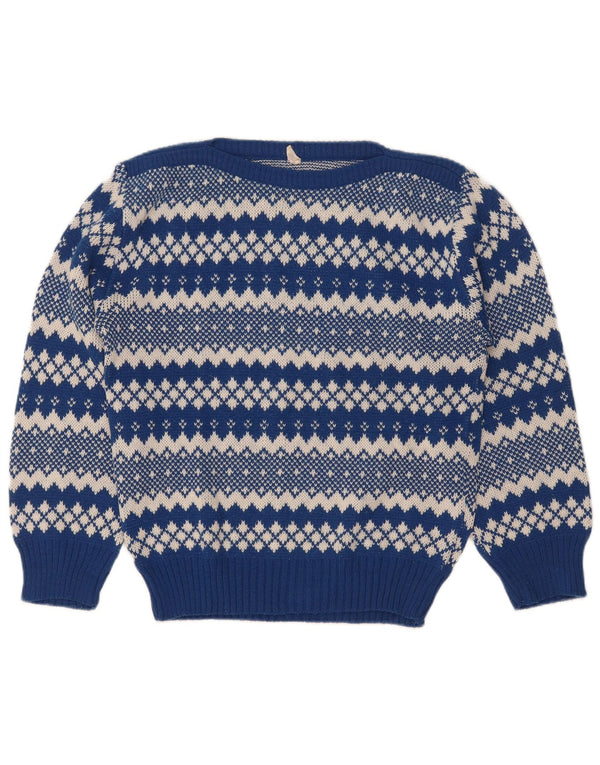 Pulover vintage pentru femei cu gâtul cu barca UK 12 Medium Blue Fair Isle