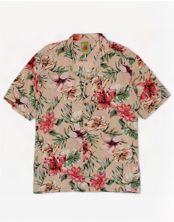 Cămașă vintage pentru bărbați cu mânecă scurtă, mare, bej, florală, hawaiană