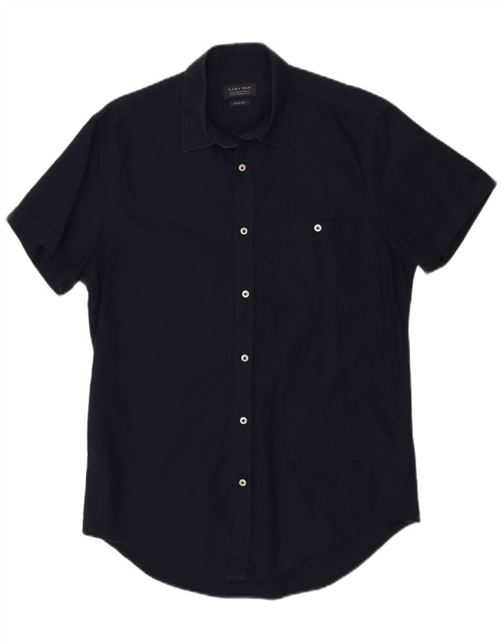 ZARA Mens Slim Fit Short Sleeve Shirt Medium Navy Blue Cotton