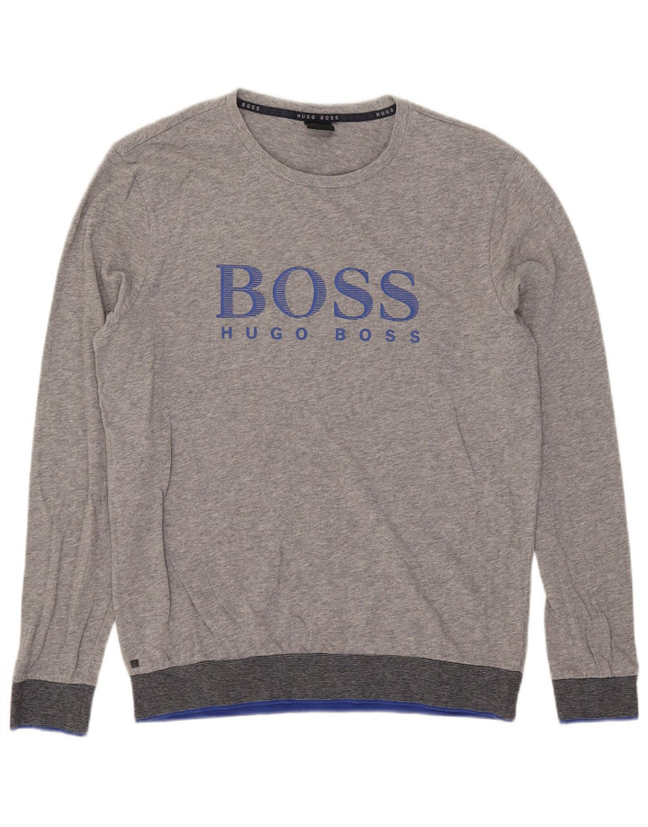 Top grafic pentru bărbați Hugo Boss cu mânecă lungă, gri mediu, bumbac cu pete