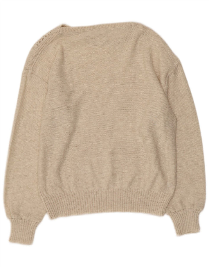 Pulover vintage pentru femei cu gât de barcă, UK 12, mediu, alb pătat