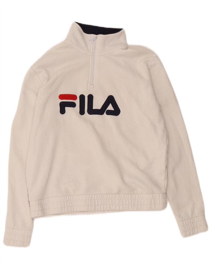 Pulover pentru damă FILA, cu grafic, cu fermoar, cu gât, UK 14, bumbac alb mediu