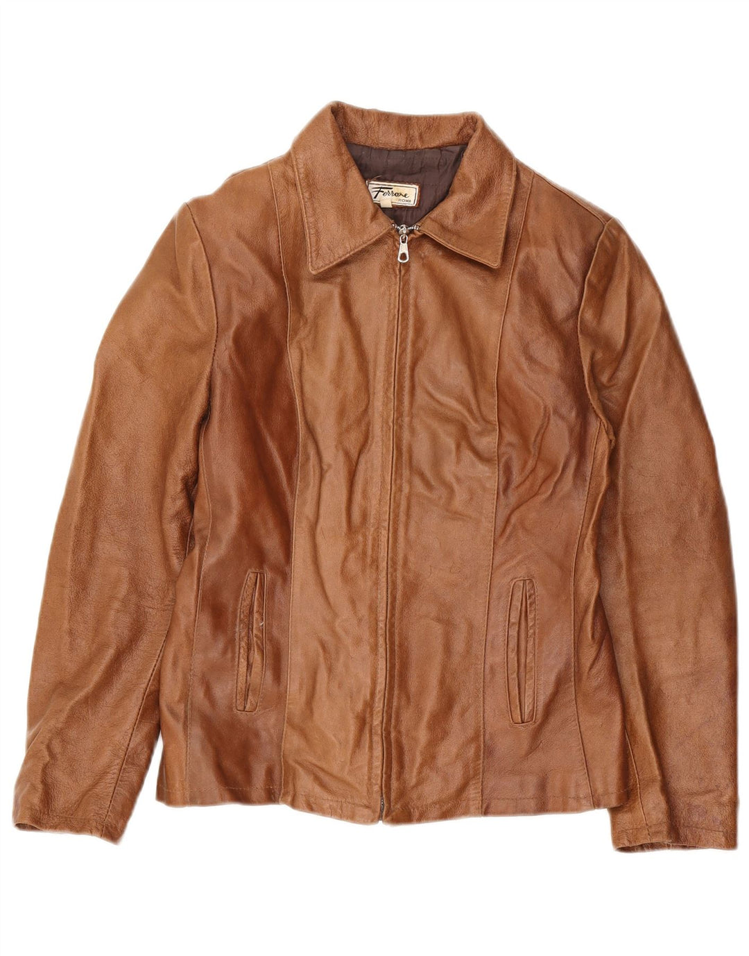 FERRONE Womens Leather Jacket UK 12 Medium Brown Leather