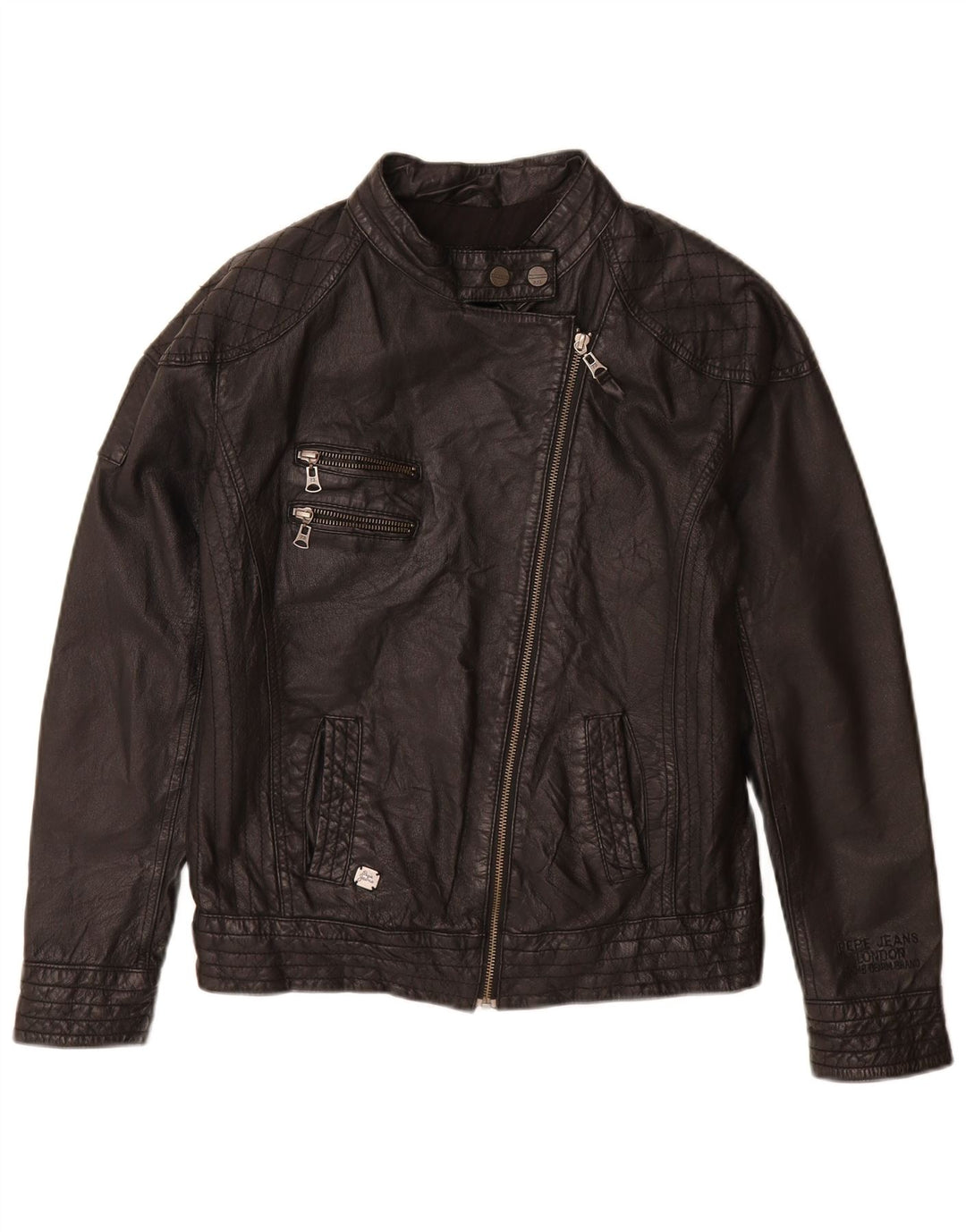 PEPE Jeans Jachetă Biker din piele pentru femei UK 14 Medium Black Leather