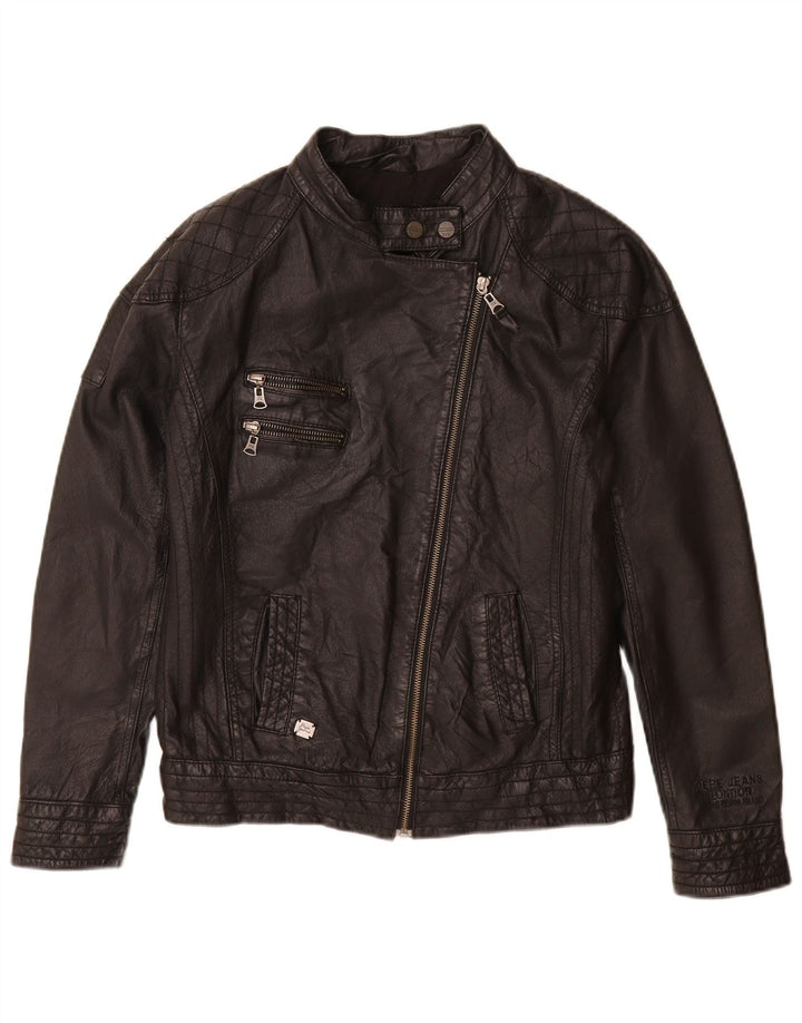 PEPE Jeans Jachetă Biker din piele pentru femei UK 14 Medium Black Leather