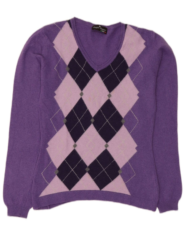 Pulover vintage pentru femei cu decolteu în V UK 12 Violet mediu Argyle/Diamond