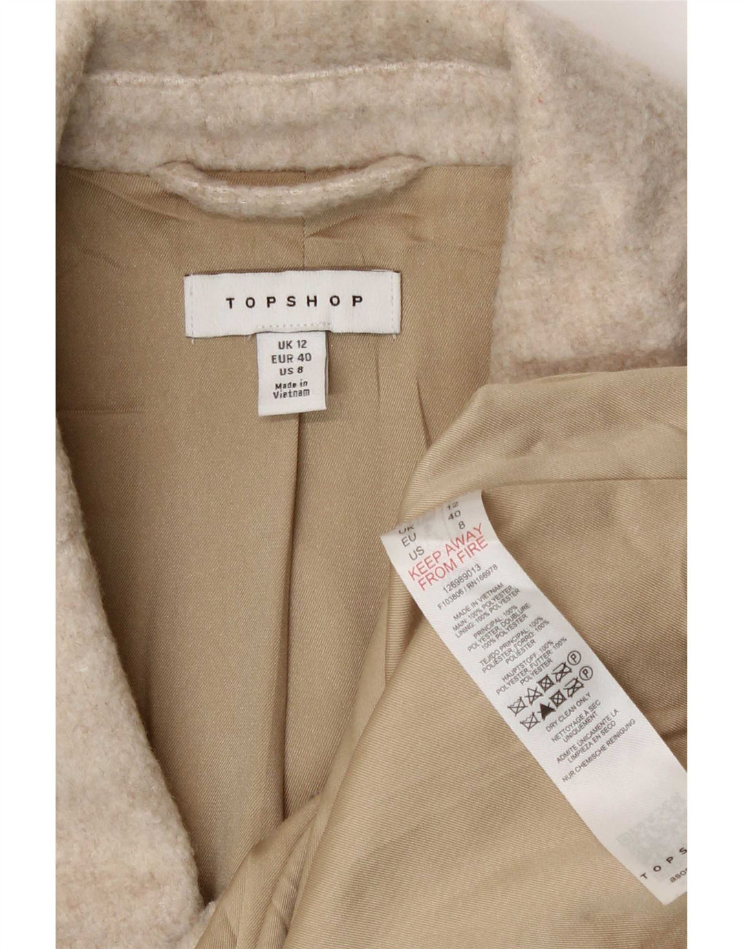 Jachetă pentru femei Topshop cu 3 nasturi, UK 12, poliester mediu bej
