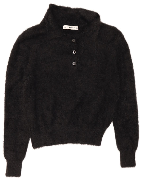 Pulover cu gât polo scurt Zara pentru femei UK 10 Nylon negru mic