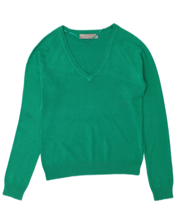 Zara Womens V-Neck Jumper Sweater UK 10 Small Green Cotton