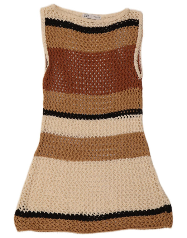 Rochie din croșetat fără mâneci pentru plajă pentru femei Zara UK 12 Medium Bej cu dungi
