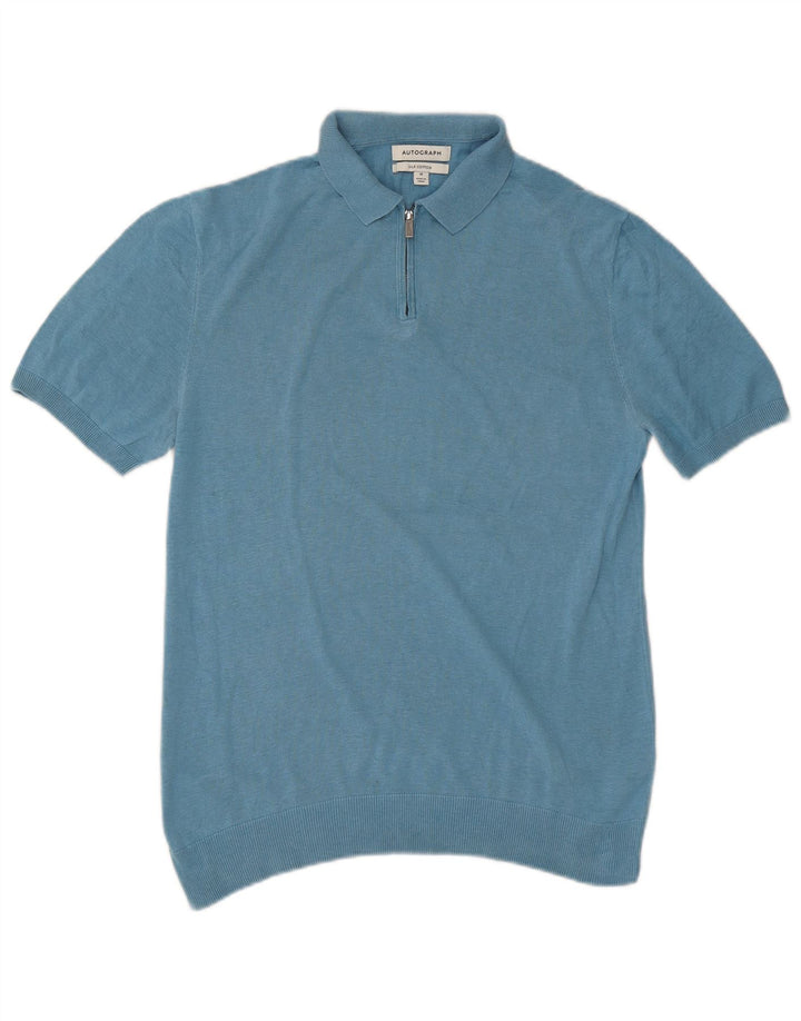 Tricou polo Marks & Spencer pentru bărbați cu autograf, mătase albastră medie