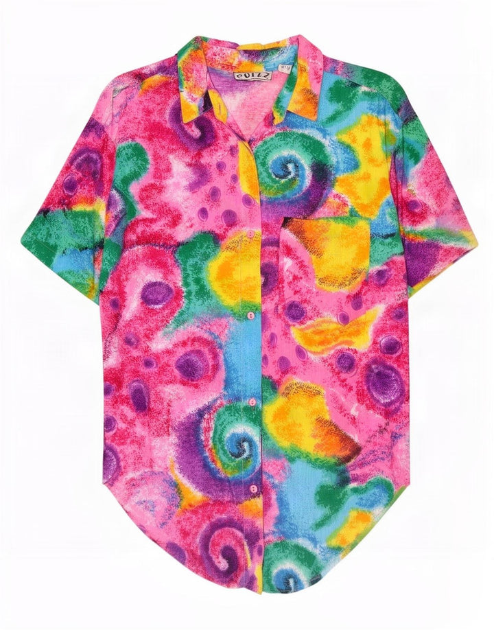 Bluză de cămașă cu model abstract pentru femei vintage UK 14 Medium Multicolor