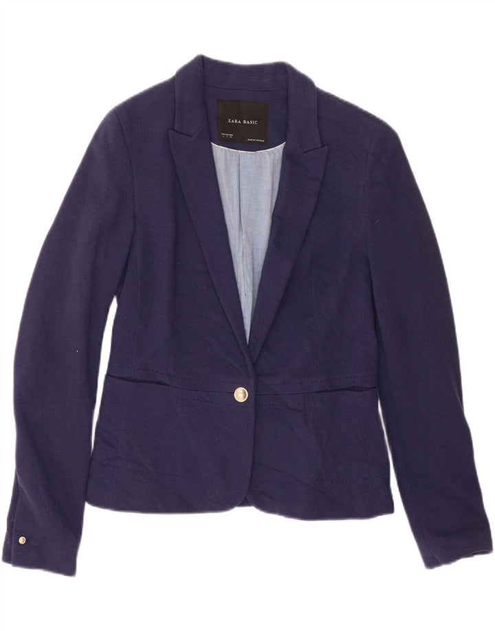 Jachetă pentru femei Zara Crop 1 Button Blazer UK 16 Mare Bumbac bleumarin