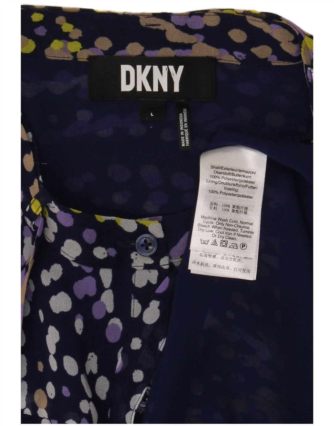 Bluză cămașă cu volane în față pentru femei Dkny UK 16 mare bleumarin cu pete