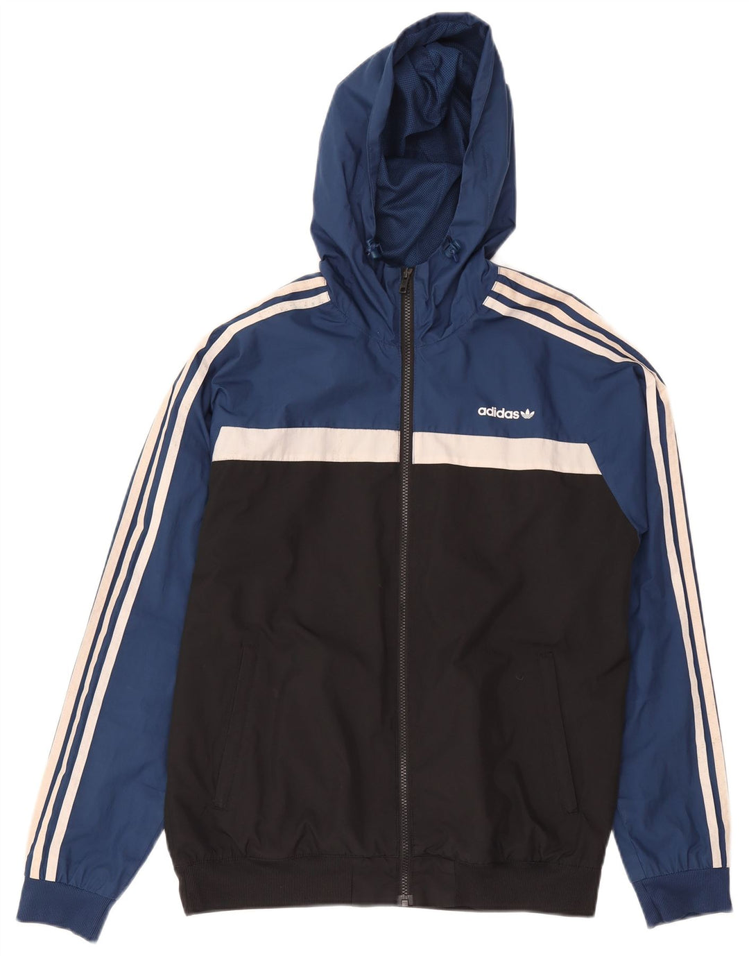 Jachetă de trening pentru bărbați Adidas cu glugă, albastru mediu, poliester color bloc