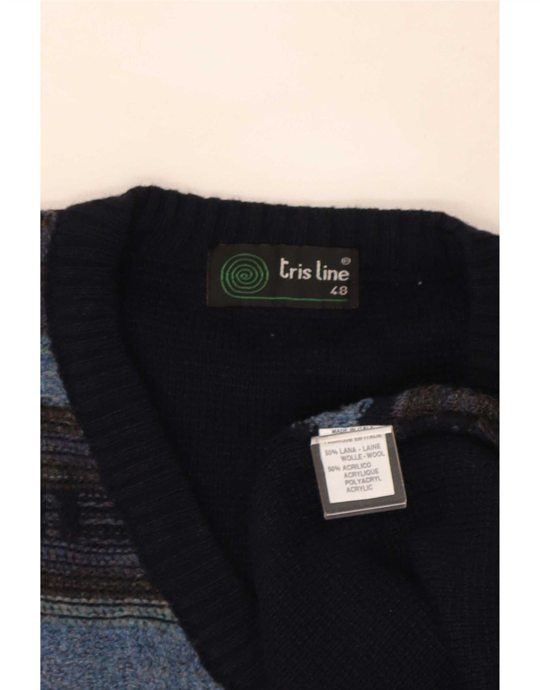 Tris Line Pulover cu decolteu în V pentru bărbați IT 48 Medium Bleumarin Lână cu dungi