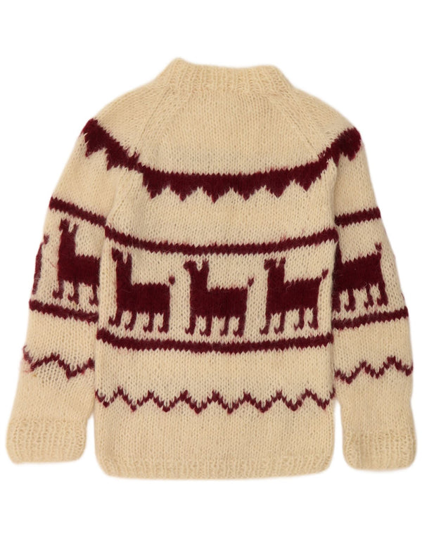 Pulover vintage pentru femei cu gât roșu, pulover UK 14 Medium Off White Aztec
