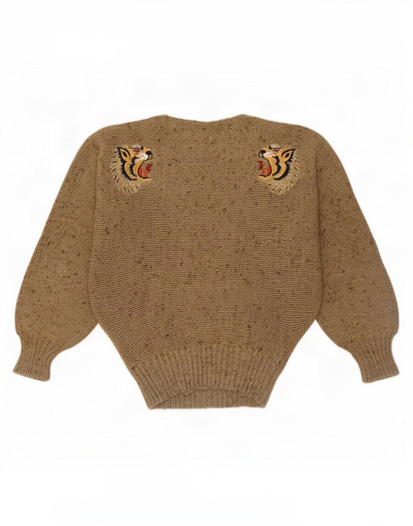 Pulover vintage pentru femei cu gât de barcă UK 10 mic bej imprimeu animal