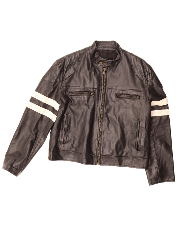 Jachetă de piele vintage pentru femei UK 20 2XL din piele neagră color bloc