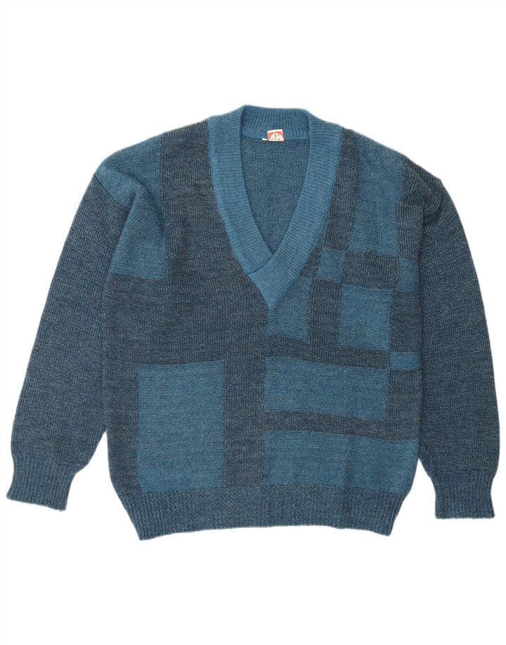 Pulover VINTAGE pentru bărbați cu decolteu în V IT 50 Medium Blue Geometric Poliacrilic