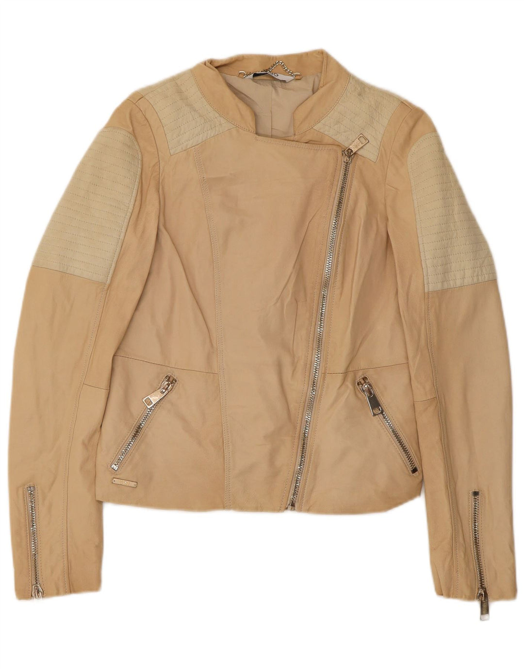 Jachetă de motociclist crop pentru femei Liu Jo IT 42 Medium Beige Colorblock Piele