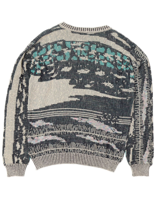 Pulover vintage pentru bărbați, cu model abstract, cu decolteu, albastru mediu