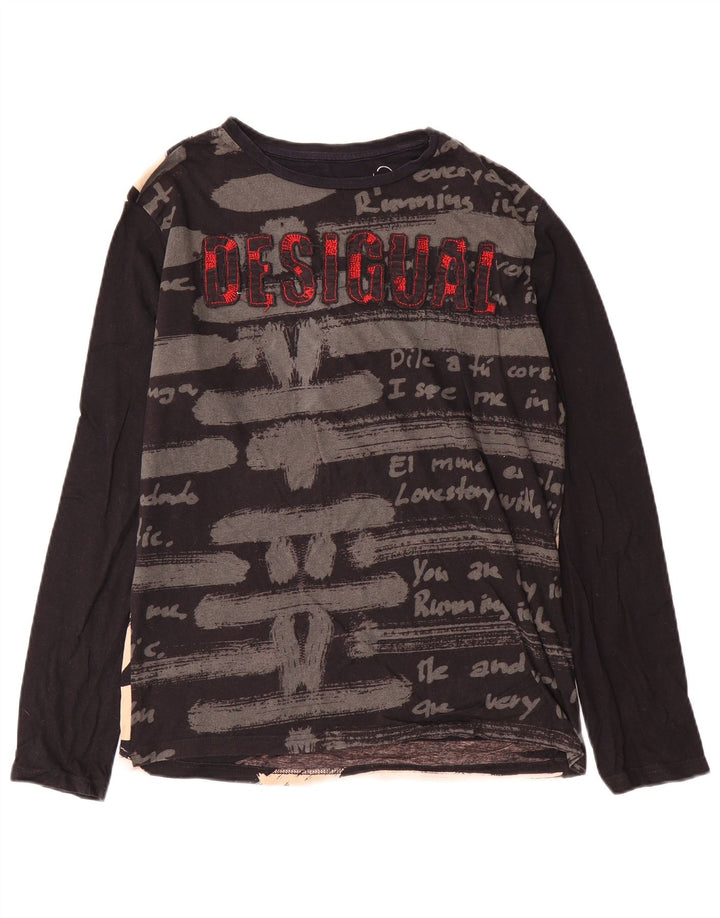 Top grafic Desigual pentru bărbați cu mânecă lungă, bumbac mediu negru