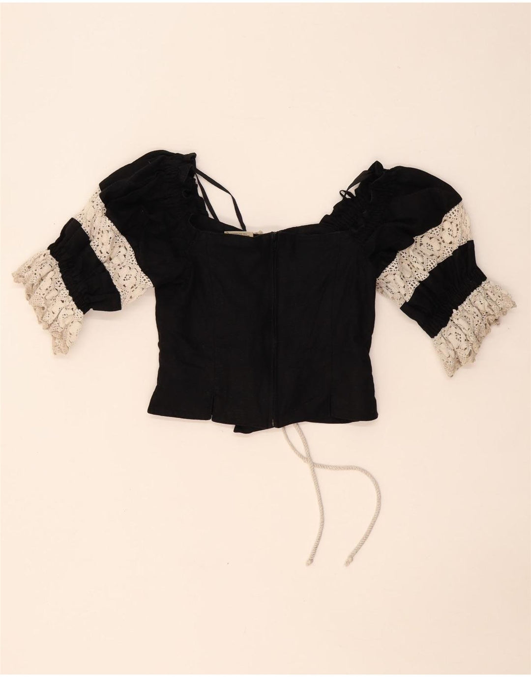 LANDHAUS Trachten Crop Corset Top pentru femei UK 8 Small Black Floral Linen