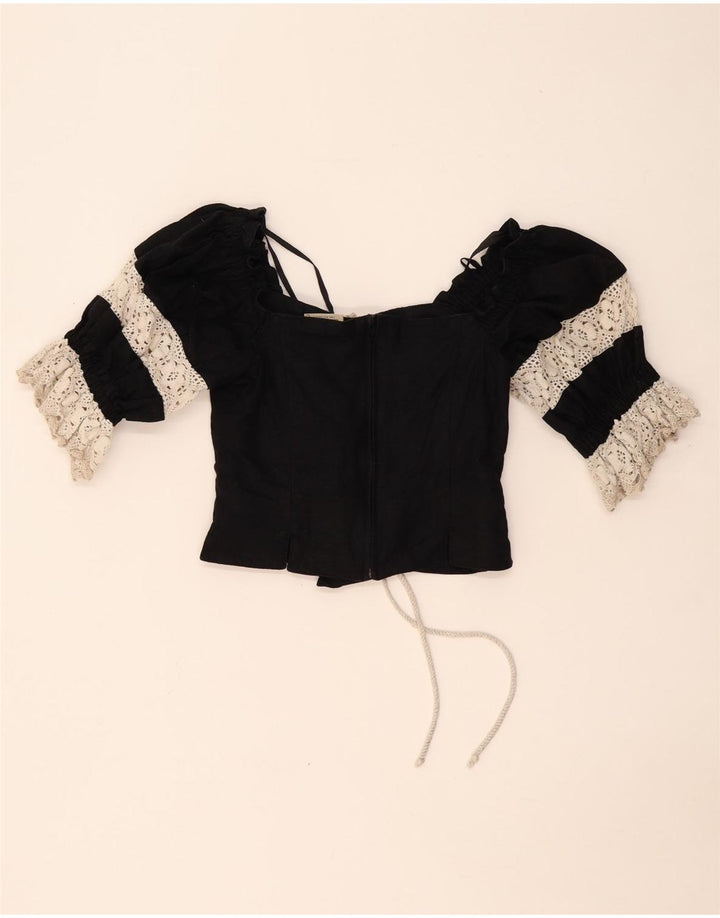 LANDHAUS Trachten Crop Corset Top pentru femei UK 8 Small Black Floral Linen