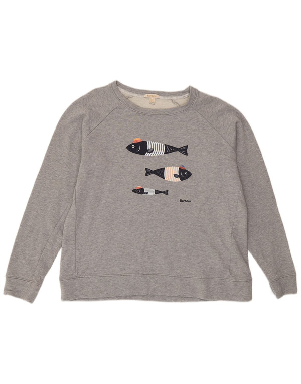 Pulover cu grafic pentru femei Barbour UK 16, mare, gri bumbac