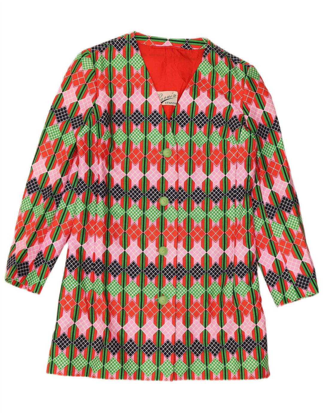 Jachetă vintage pentru femei cu 4 nasturi, UK 12, medie, multicoloră, geometrică