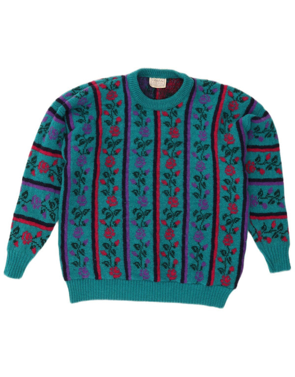 Pulover VINTAGE pentru femei cu decolteu rotund UK 16 Lână florală turcoaz mare