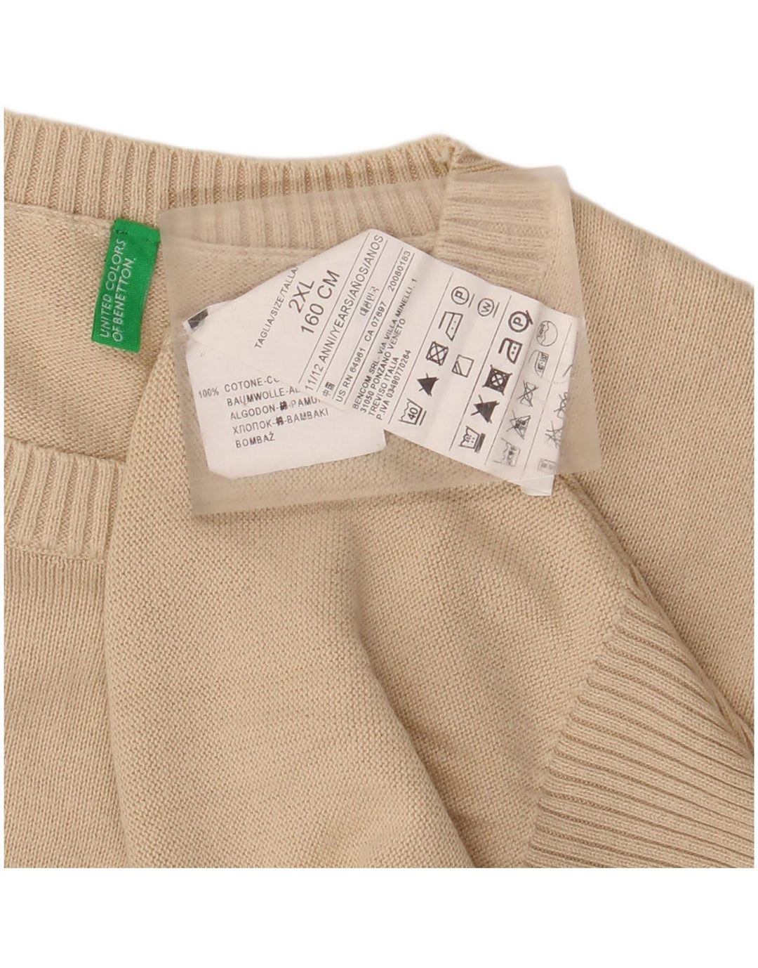 BENETTON Pulover cu gât crew pentru băieți 11-12 ani 2XL bumbac bej