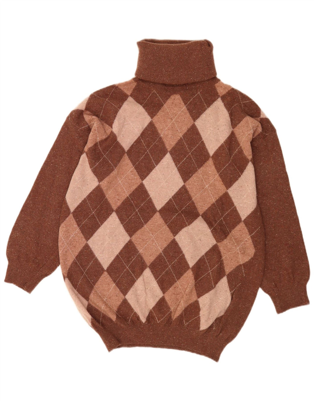 Pulover vintage pentru bărbați cu gât rulat, lână Argyle/Diamond, maro mediu
