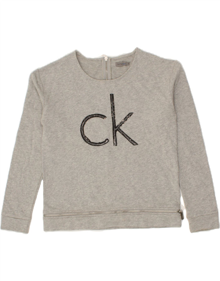 CALVIN KLEIN Womens Graphic Sweatshirt Jumper UK 14 Medium Grey Cotton Vintage Calvin Klein and Second-Hand Calvin Klein from Messina Hembry 