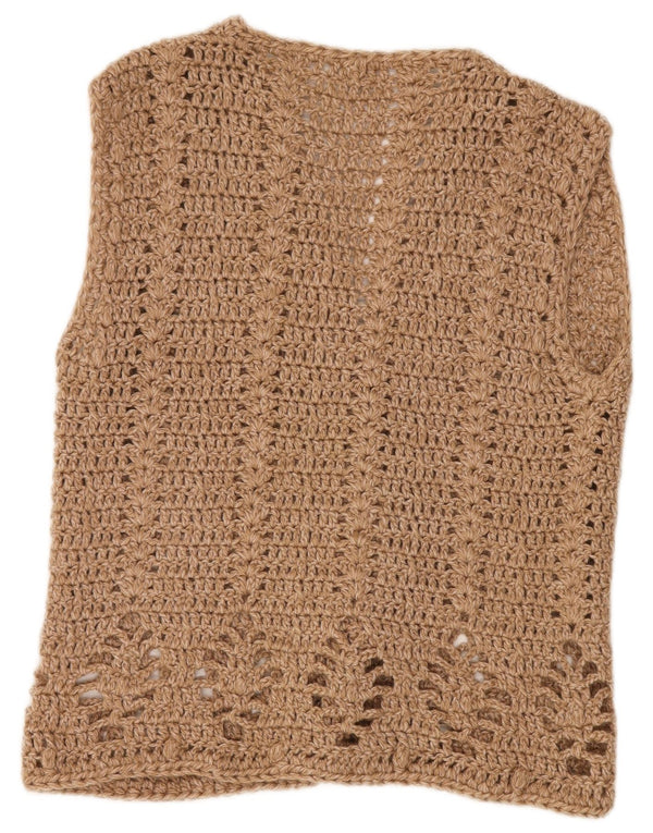 VINTAGE Pulover cardigan croșetat fără mâneci pentru femei UK 14 mare bej
