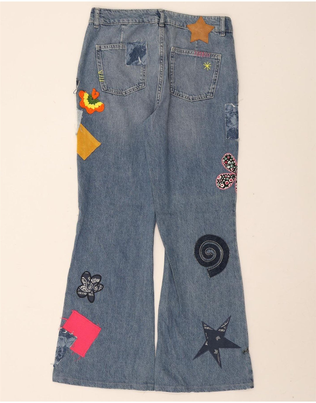 Blugi evazați pentru femei Desigual, mari W32 L30, bumbac patchwork albastru