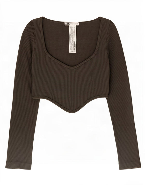 Crop Top pentru femei Zara cu mânecă lungă UK 4 XS Kaki Poliamidă
