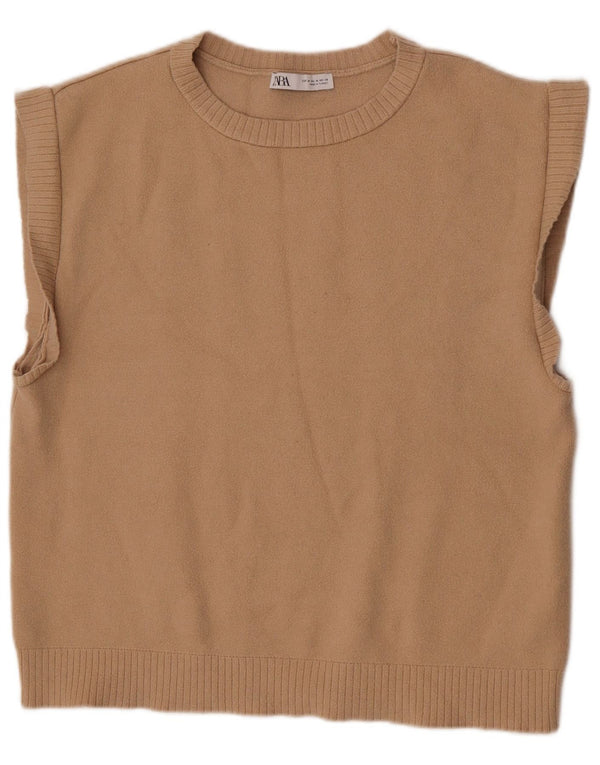 Zara Femei Vest Tank Top UK 14 Medium Bej Viscoza