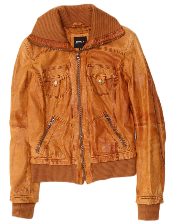Jachetă de piele pentru femei BERSHKA UK 12 din piele maro medie