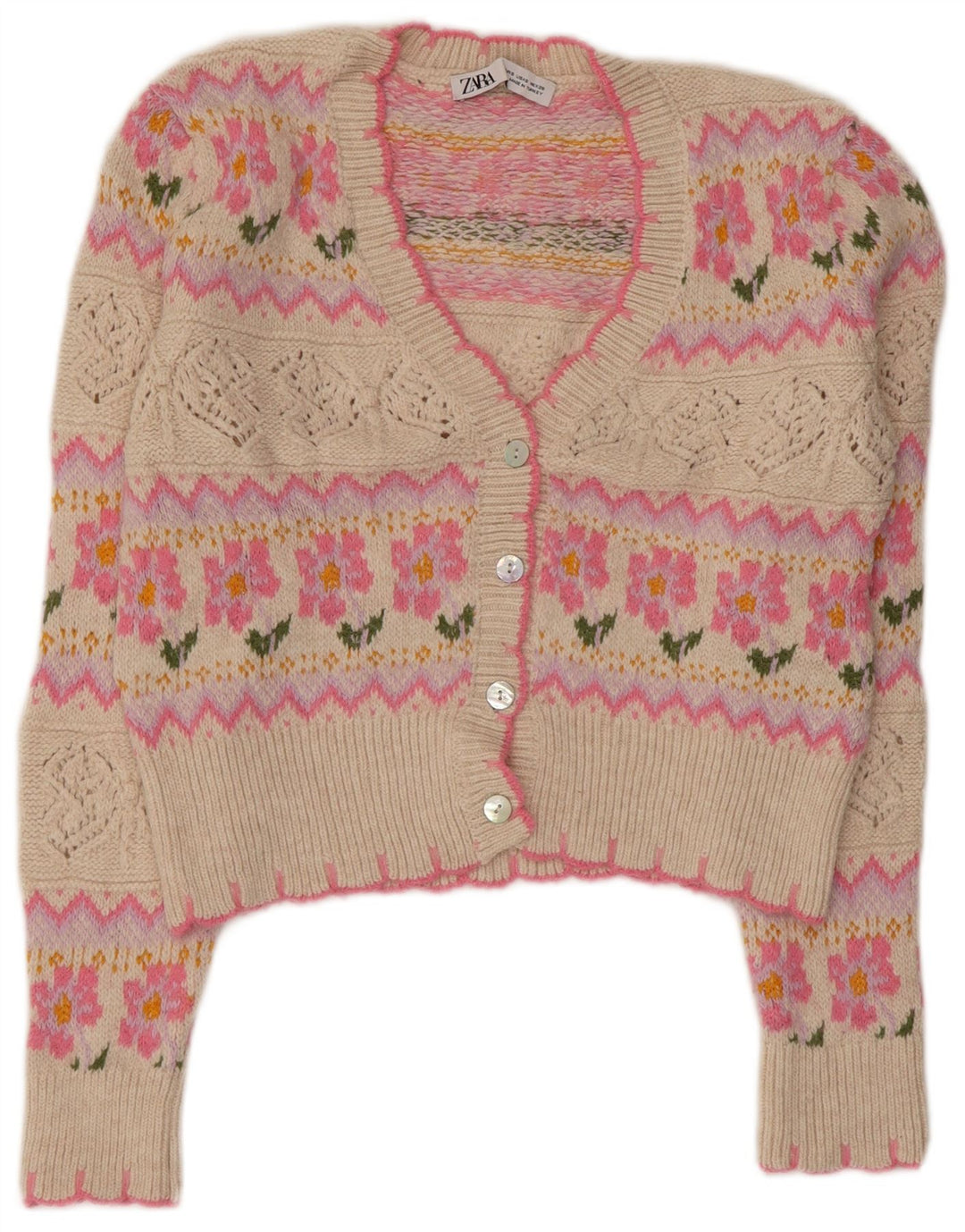 Pulover cardigan crop pentru femei ZARA UK 10 mic, roz, floral