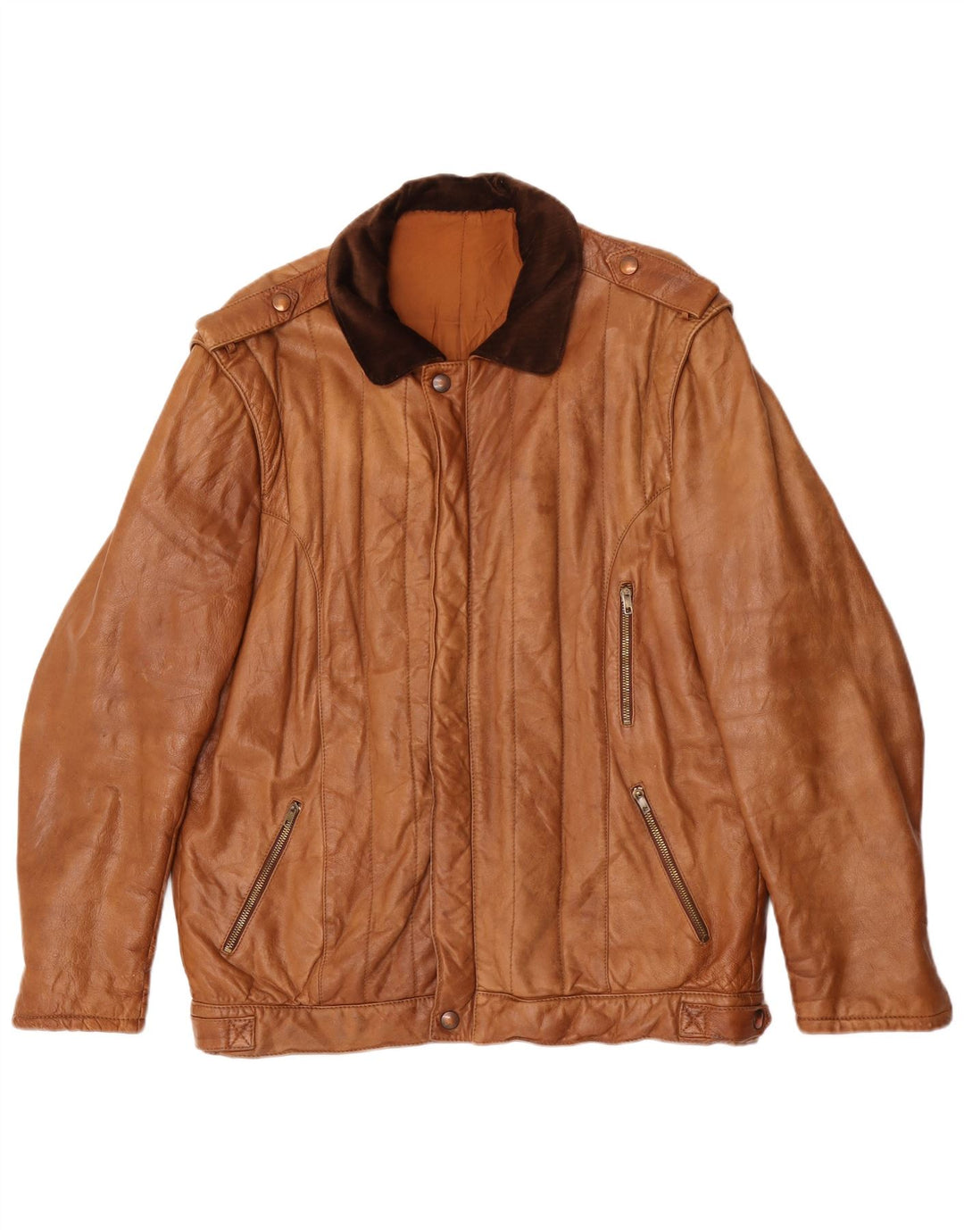 Jachetă militară din piele vintage pentru bărbați IT 54 2XL maro colorblock