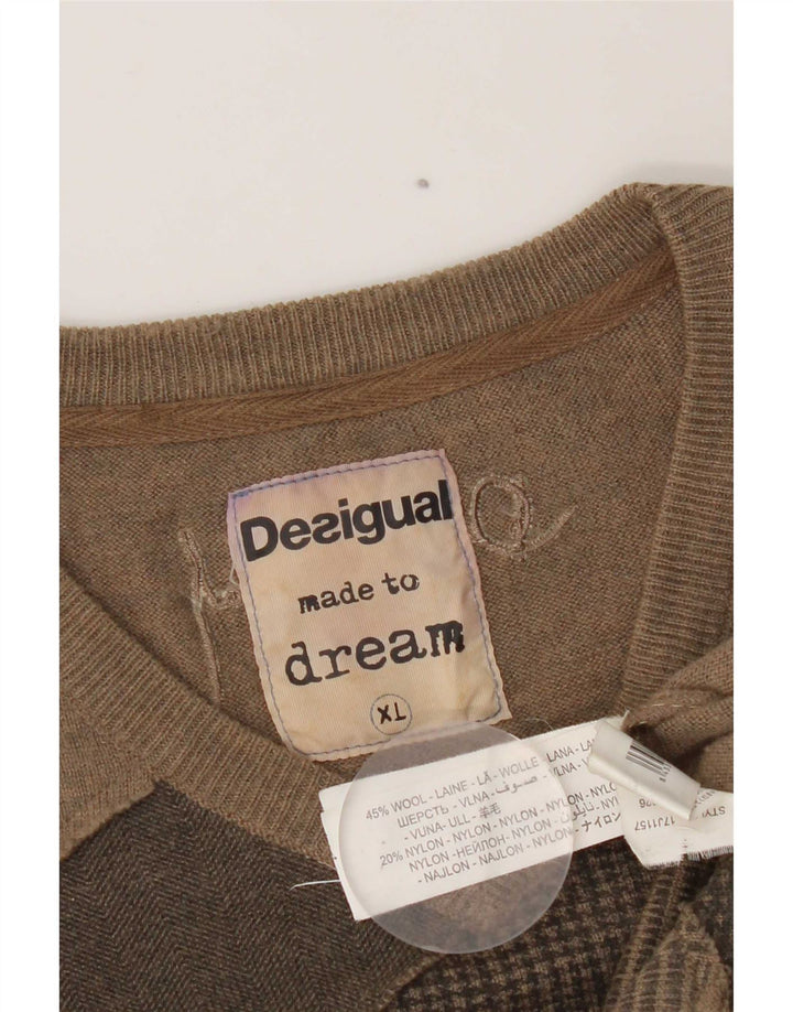 Pulover pentru bărbați Desigual cu decolteu în V, XL, maro, lână, mozaic, modern