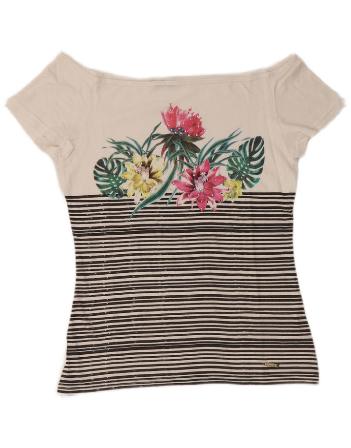 Tricou GUESS pentru femei cu umăr decupat Top UK 10 Bumbac Floral Alb Mic