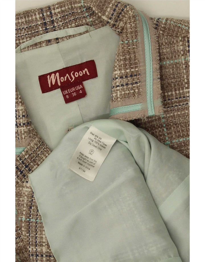 Sacou blazer pentru femei Monsoon, cu 3 nasturi, UK 8, mătase, verde, cu carouri