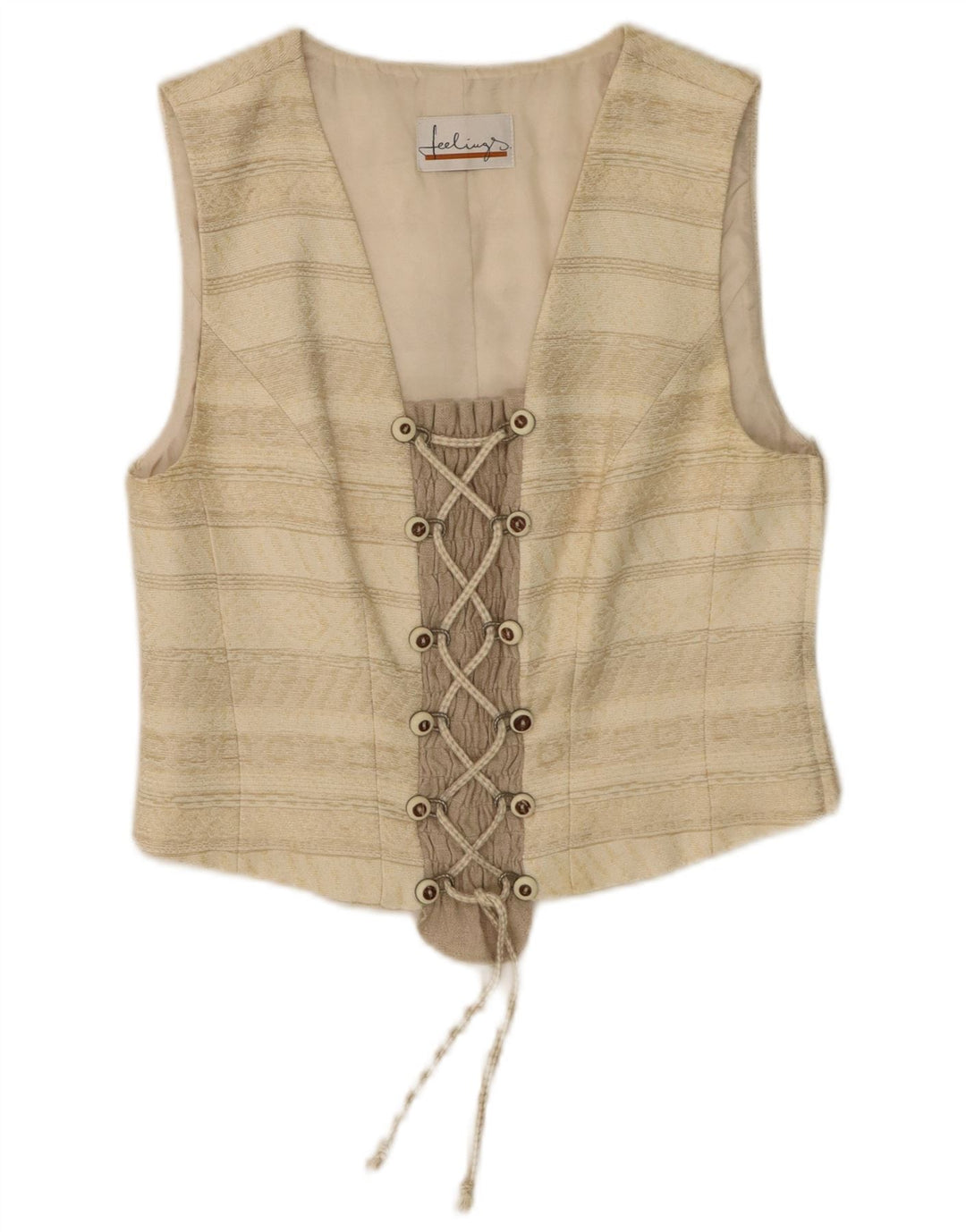 Crop Top Vintage pentru femei UK 12 Medium Beige Acetat cu dungi