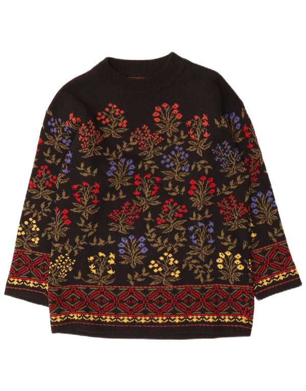 Pulover vintage pentru femei cu paragate cu gât turnuu, UK 16, mare, negru, floral