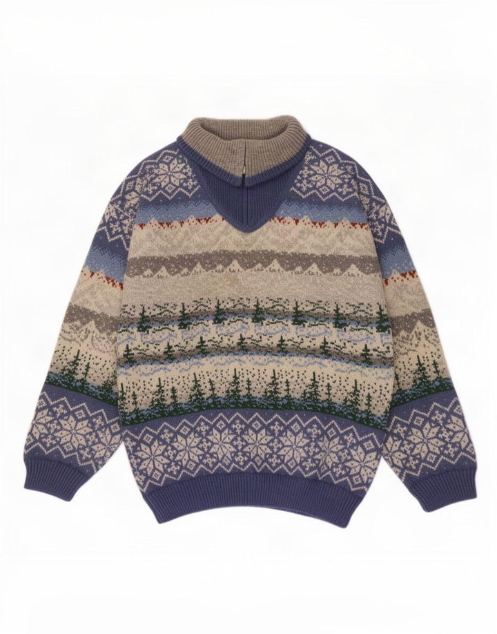 Pulover Vintage pentru bărbați cu fermoar și gât, mijlociu, multicolor, Fair Isle