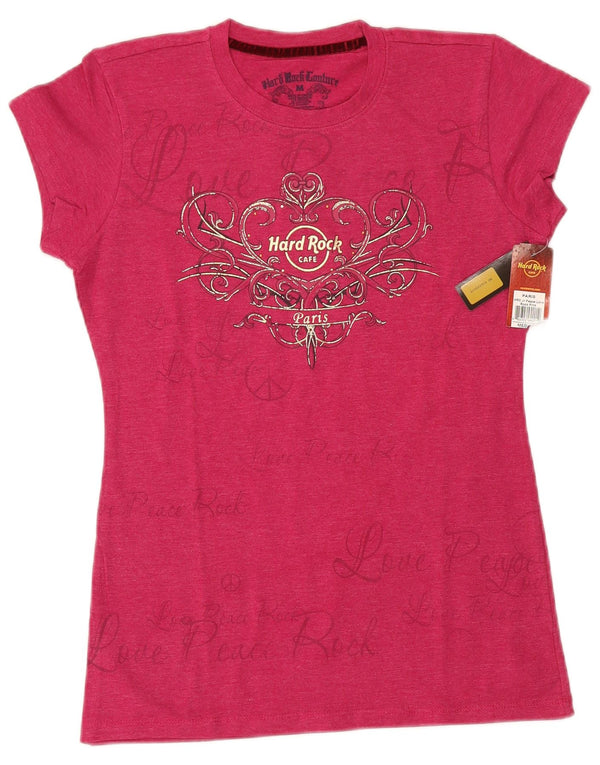 Hard Rock Cafe Womens Paris Graphic T-Shirt Top UK 12 Medium Pink Cotton
