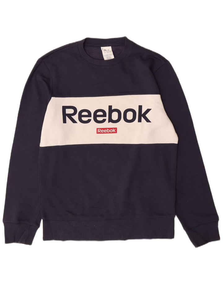 REEBOK Mens Graphic Sweatshirt Jumper Small Navy Blue Colourblock Cotton